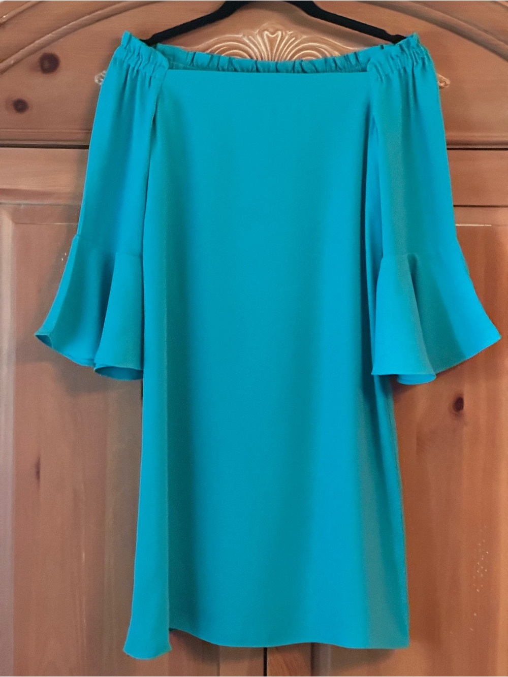 NWT Trina Turk Knox Off-The-Shoulder Bell Sleeve Shift Dress Teal Blue S